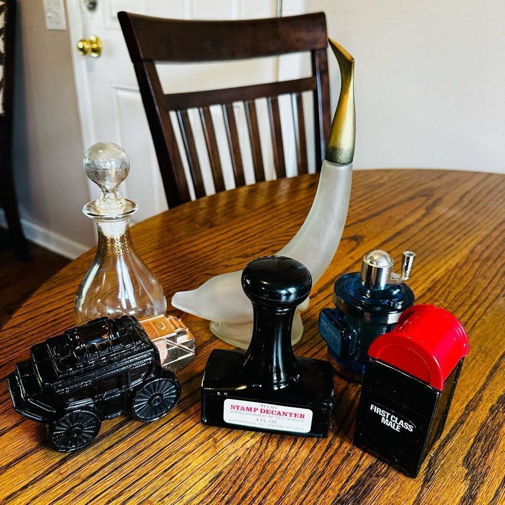 Avon Vintage Elegant Glass Decanter Set of 6 with Black and Red Accents
